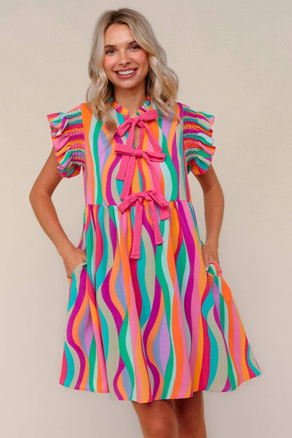 Plus Multicolor Dress W/ Cute Bow Tie Front