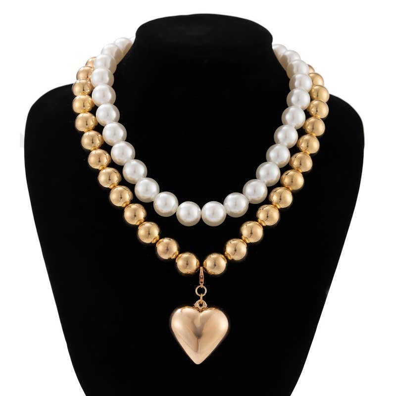LUSTROUS PEARL BEADED LAYERED HEART NECKLACE