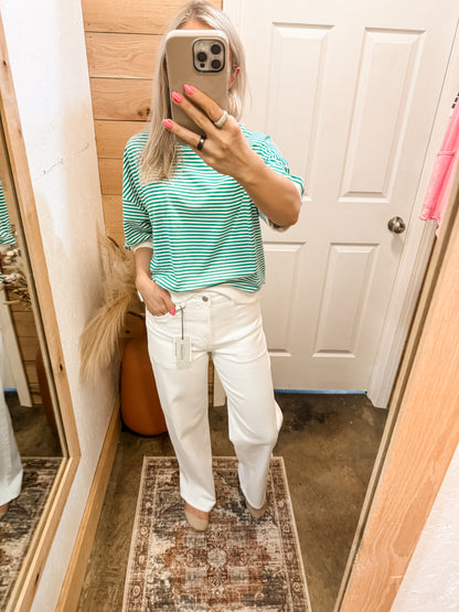 KELLY GREEN STRIPED CONTRAST TRIM BANDED BOTTOM TOP