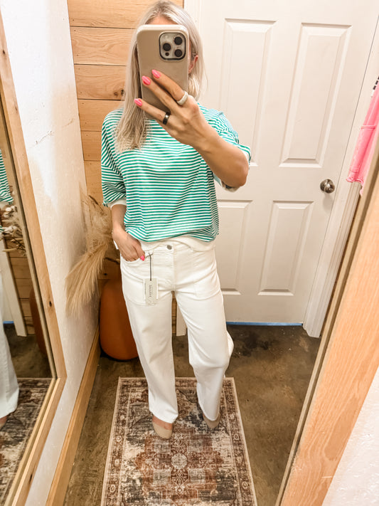 KELLY GREEN STRIPED CONTRAST TRIM BANDED BOTTOM TOP