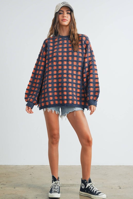 CHECKERED OVERSIZED SWEATER: NAVY / RUST