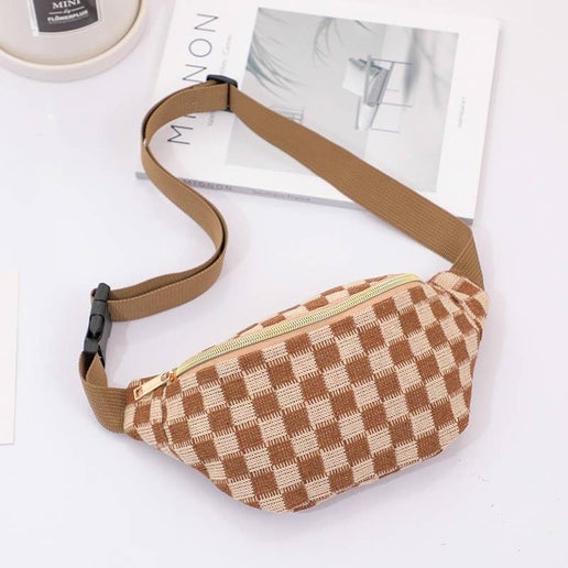 CHECKERED FANNY BAG WAIST CROSSBODY SLING BAG | 40P545: Brown