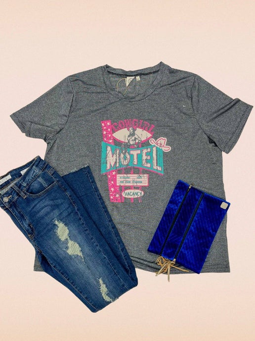 Cowgirl Motel on Glitter Tee: Grey