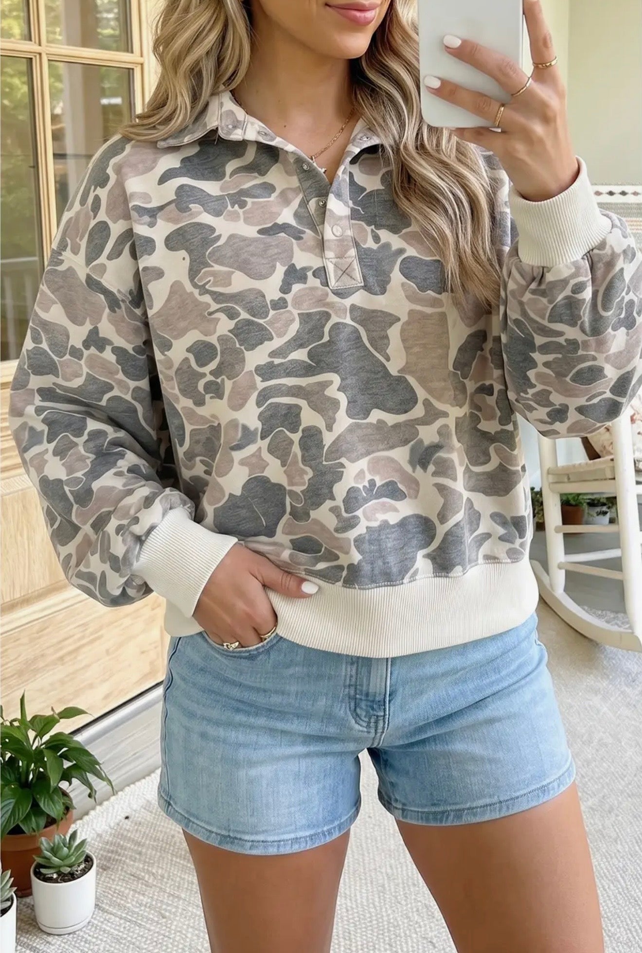 Camo Collared Pullover Top