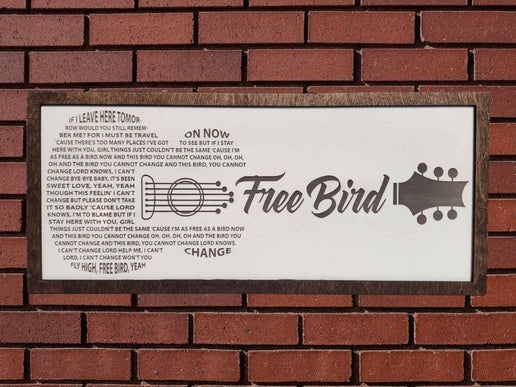 Free Bird sign - Lynyrd Skynyrd - Custom gifts - Song lyrics: Long guitar with Free Bird in the neck of guitar