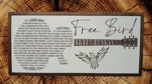 Free Bird sign - Lynyrd Skynyrd - Custom gifts - Song lyrics: Long guitar with Free Bird in the neck of guitar