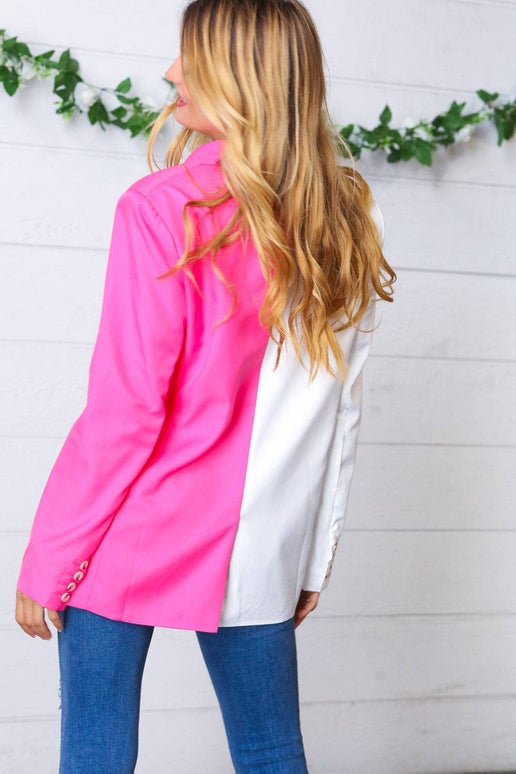 Fuchsia & Cream Silky Half & Half Buttoned Blazer (Open Pack: 3X