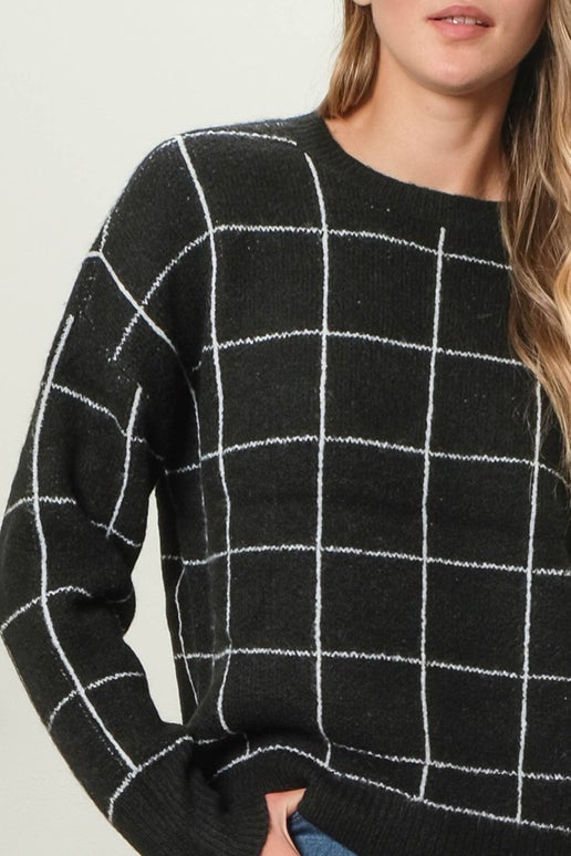 GRID PRINT CREW NECK KNIT PULLOVER SWEATER