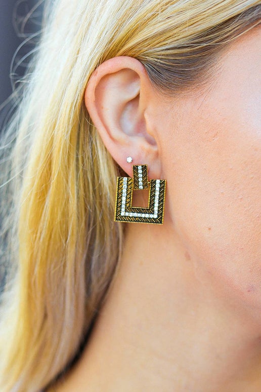 Gold Geometric Rhinestone Detail Dangle Earrings: One Size Fits All