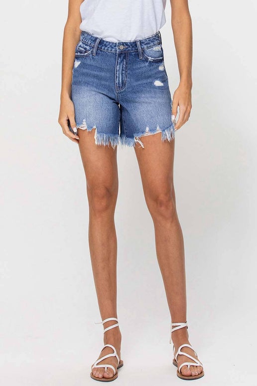 HIGH RISE SIDE SLIT FRAYED HEM SHORTS HARMONIOUS