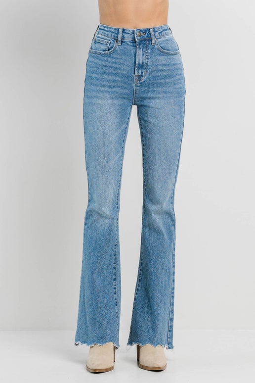 High Rise Frayed Flare: 9, Medium Denim, Flare