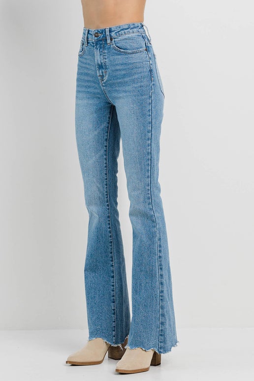 High Rise Frayed Flare: 9, Medium Denim, Flare