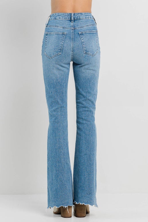 High Rise Frayed Flare: 9, Medium Denim, Flare