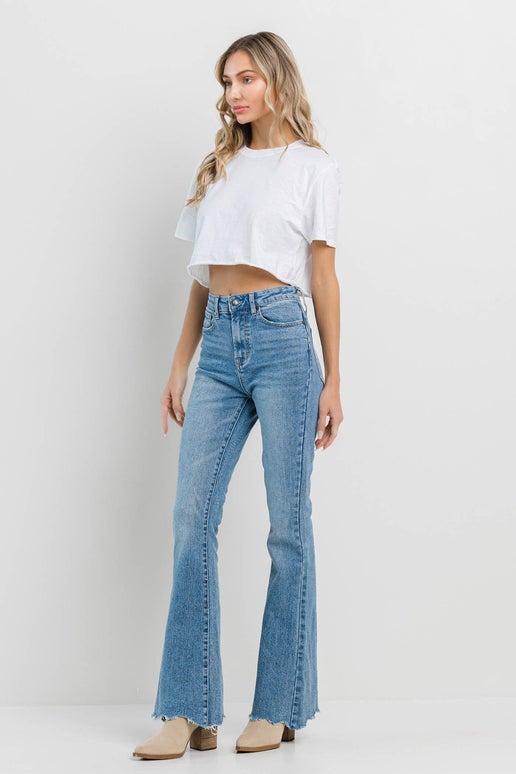 High Rise Frayed Flare: 9, Medium Denim, Flare