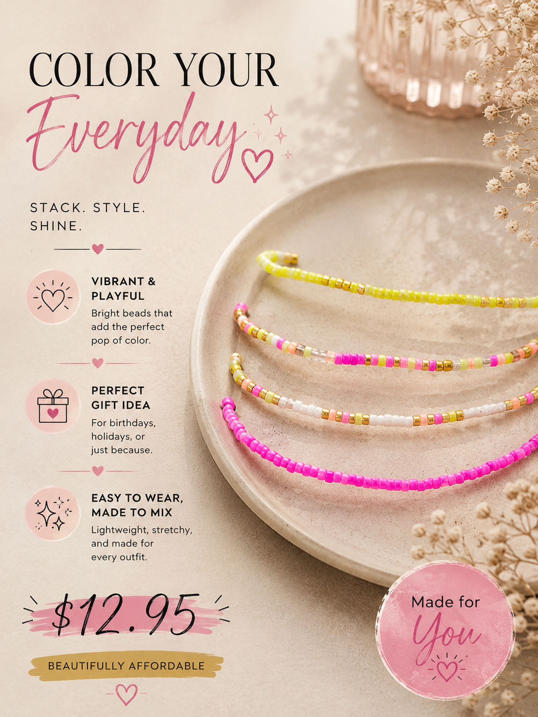 Pink and yellow beaded bracelet set
