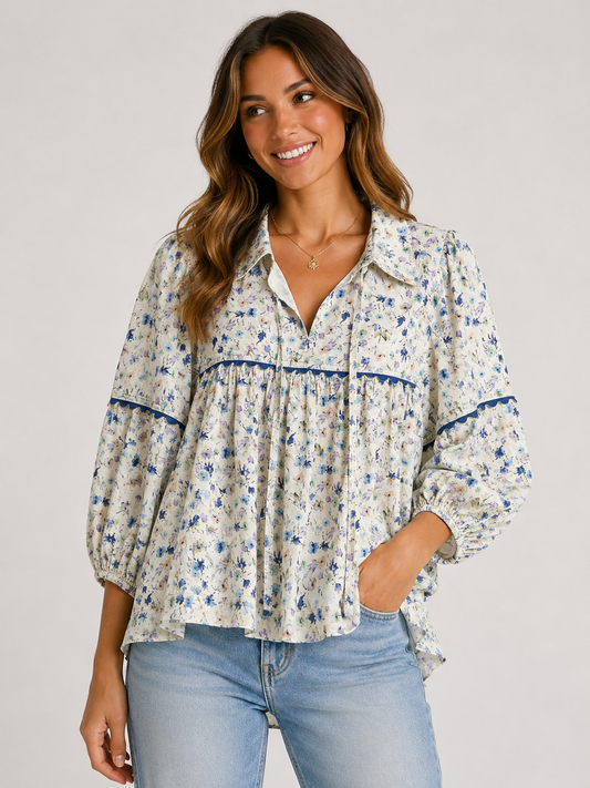 Blooming in Blue Babydoll Blouse