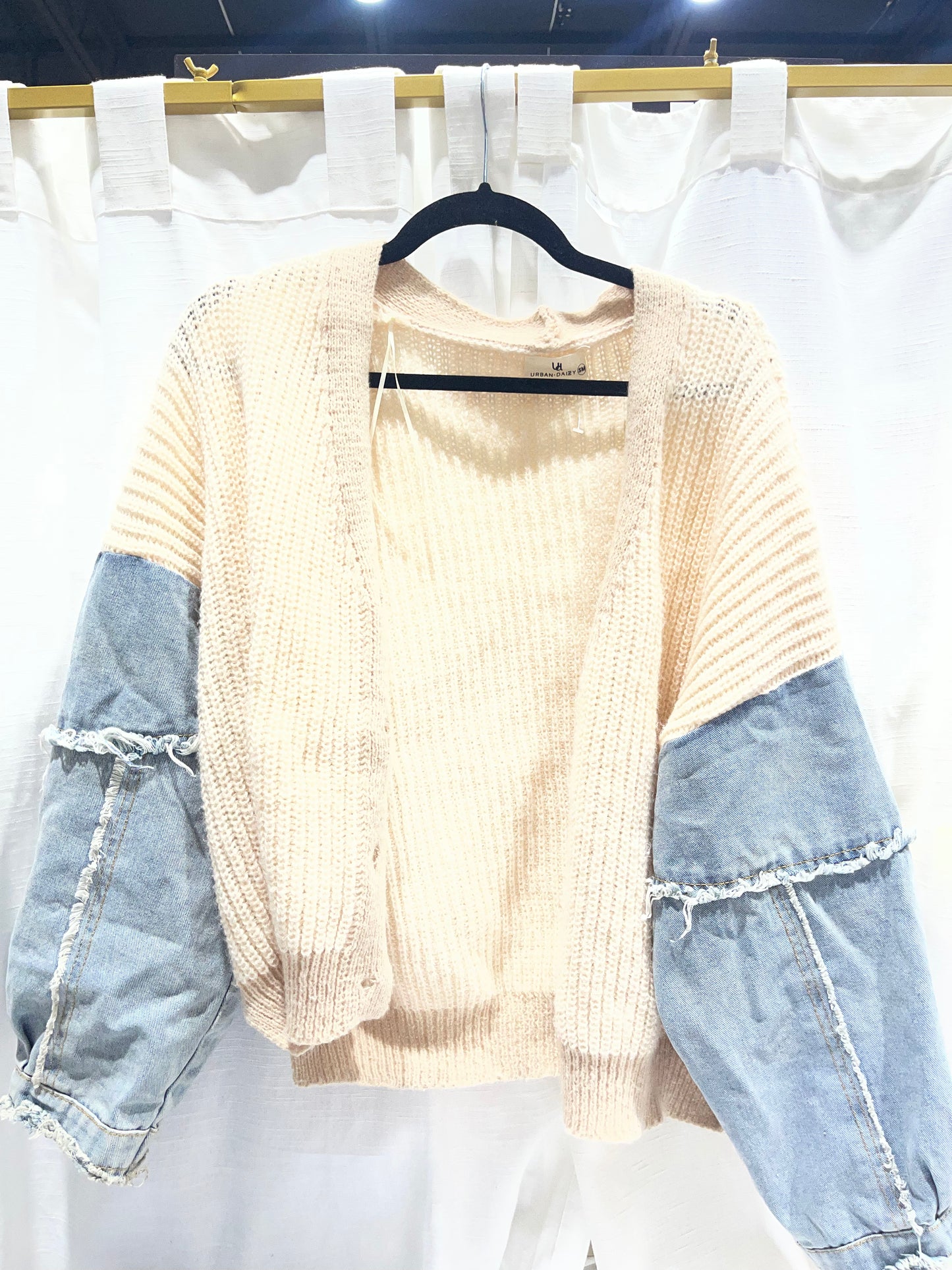 Cream Knit &Denim Sleeve Cardigan Urban Daizy