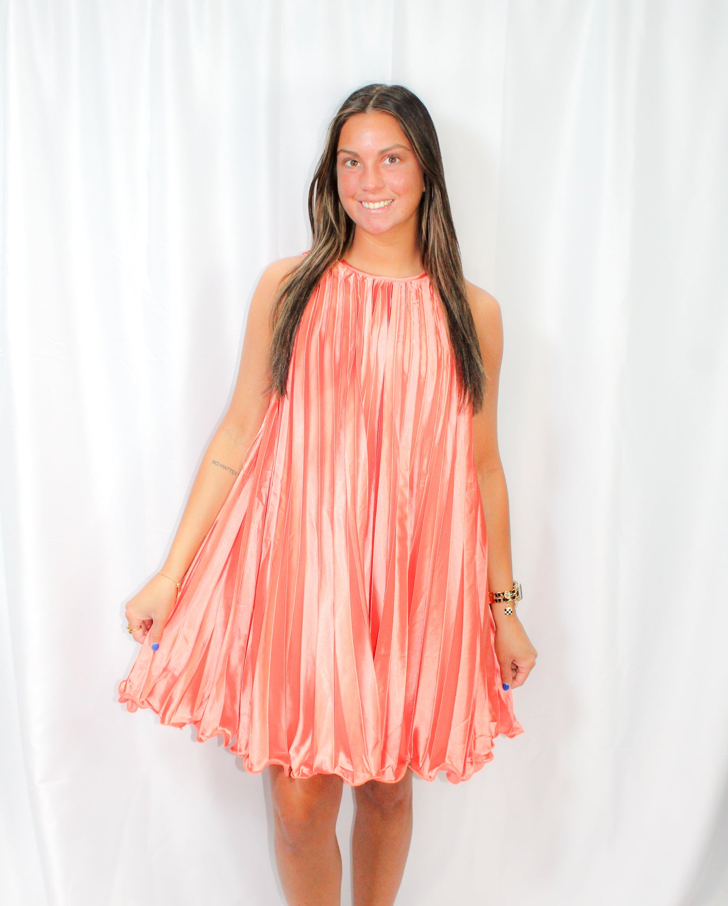 Accordion Pleated Round Neck Sleeveless Mini Dress