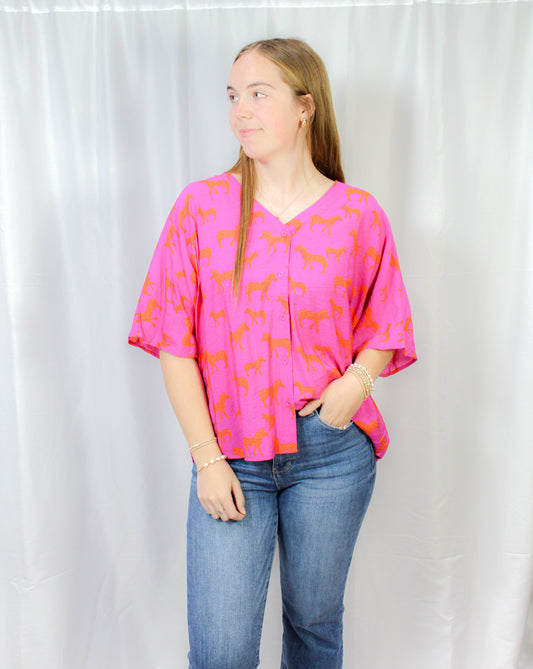 Zebra print V Neck Button Down Dolman Top