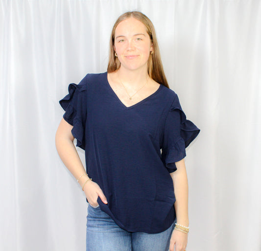 Ruffled Tulip V Neck Navy