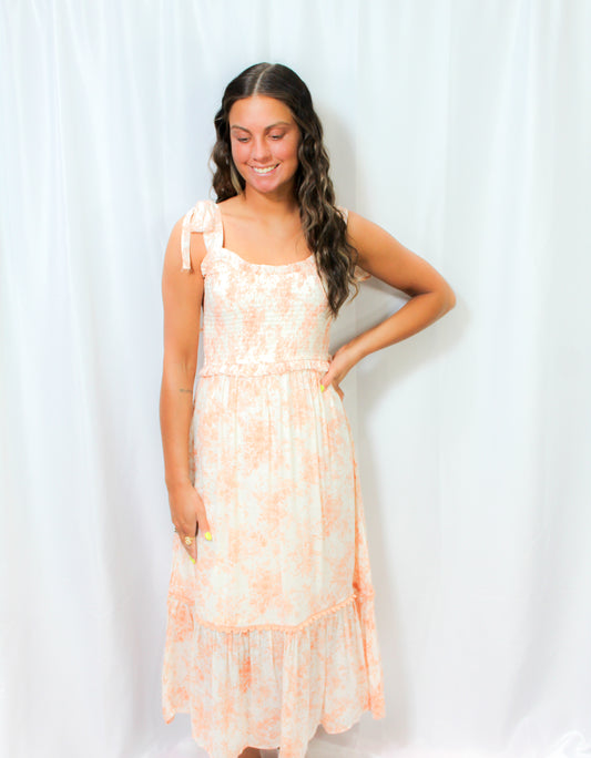 Floral Smocked Sweetheart Midi- APRICOT