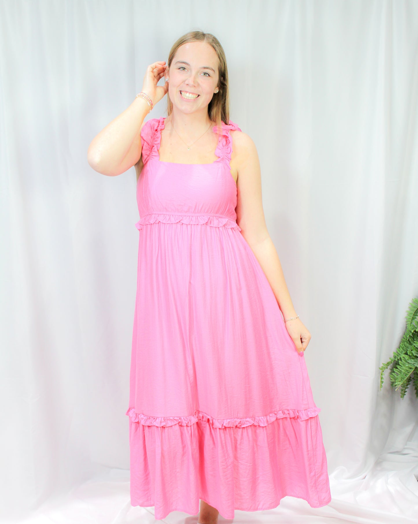Ruffle Detail Sleeveless Midi Dress- PINK