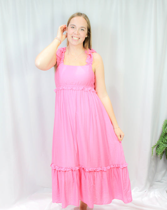 Ruffle Detail Sleeveless Midi Dress- PINK