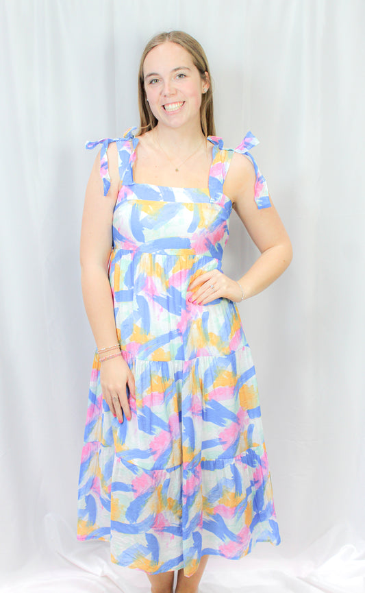 Brush Stroke Paint Midi Dress- BLUE MULTI