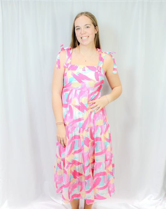 Brush Stroke Painted Midi Dress: PINK MULTI