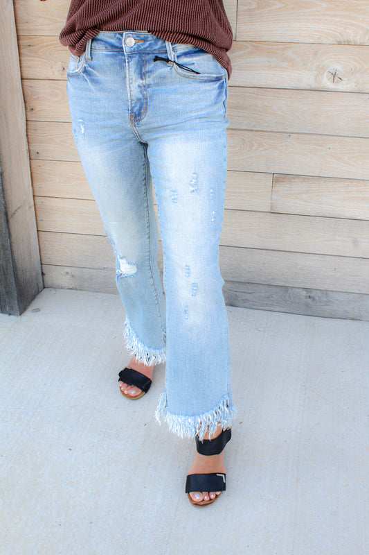 Mid Rise Long Bottom Frayed Crop Flare Jeans