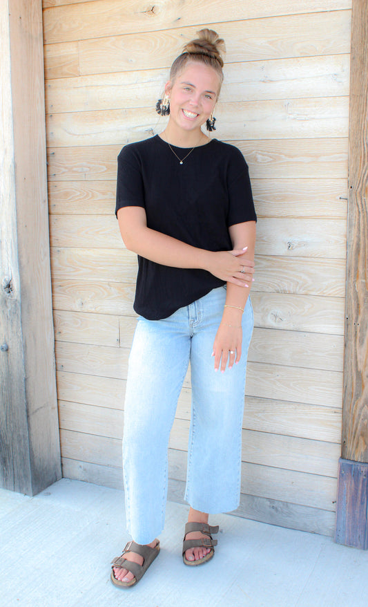 ROUND NECK 1/2 SLEEVE CASHMERE RIBBED TOP