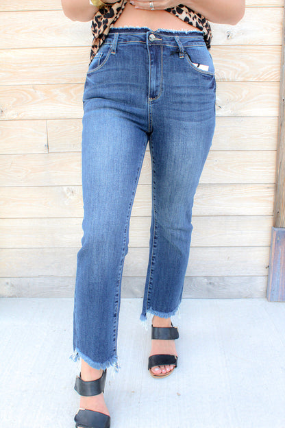 High Rise Frayed Hem Crop Boot Flare Jeans