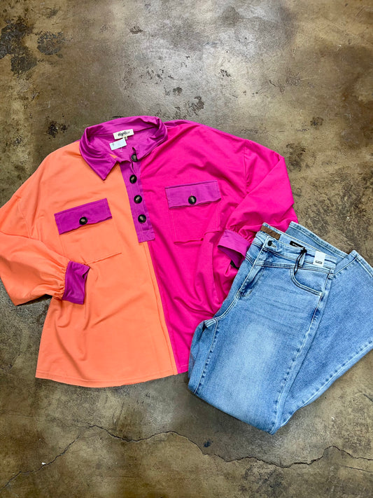 Feeling Bold Orange & Fuchsia Color Block Button Down Top