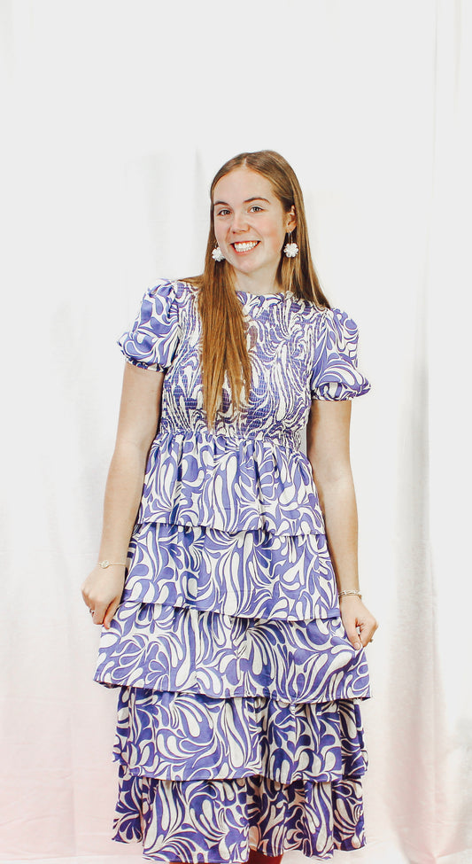 Abstract Print Smocked Detail Midi Dress: Blue