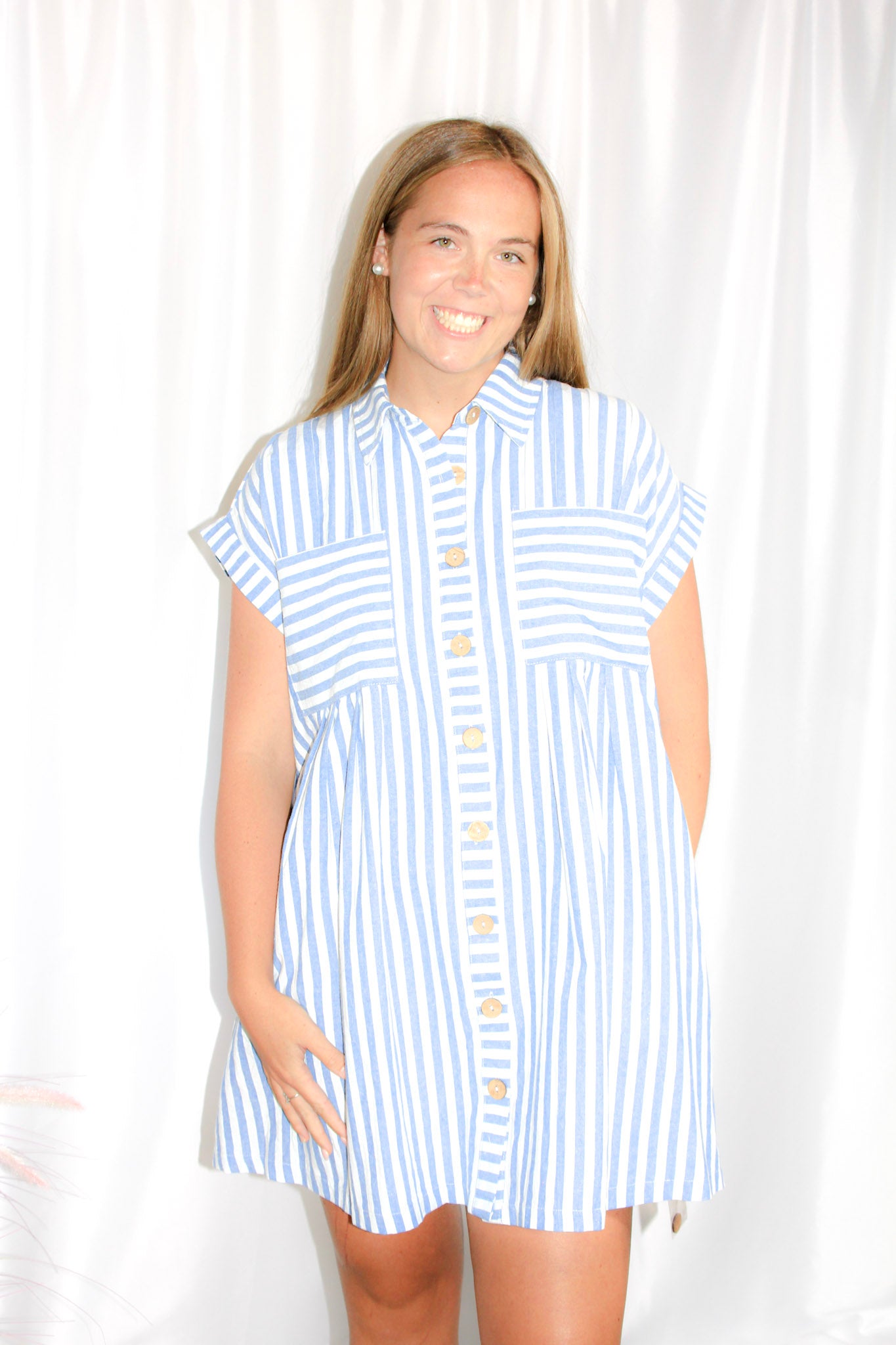 GAME DAY COTTON STRIPED BUTTON DOWN TUNIC DRESS