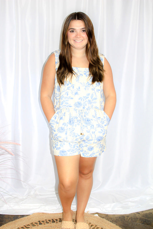 Printed Soft Linen Square Neck Romper