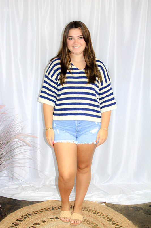 Striped Short Sleeve V-Neck Knit Top