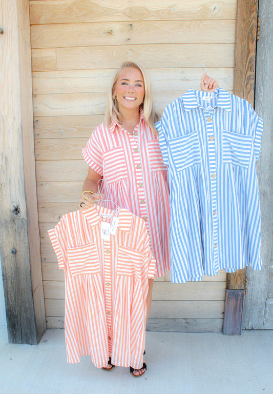 GAME DAY COTTON STRIPED BUTTON DOWN TUNIC DRESS