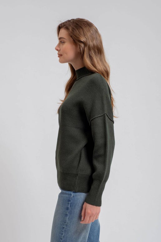 MOCK NECK RIBBED SWEATER: HUNTER GREEN