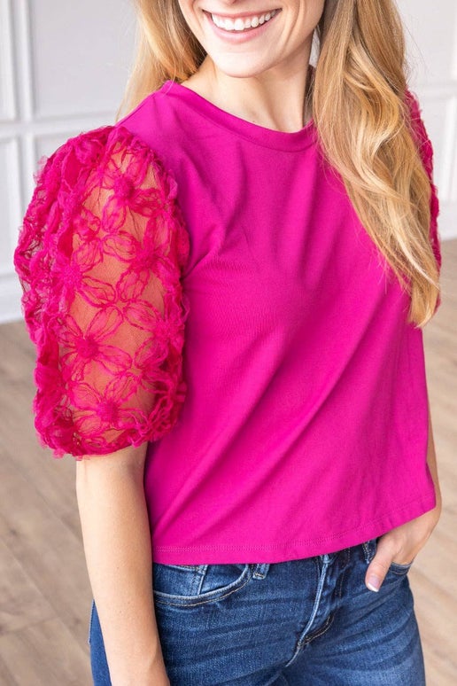 Midnight Blossom Magenta Floral Puff Sleeve: Magenta