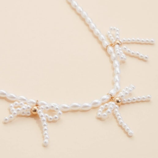 Pearl Beaded Bow Charms Necklace