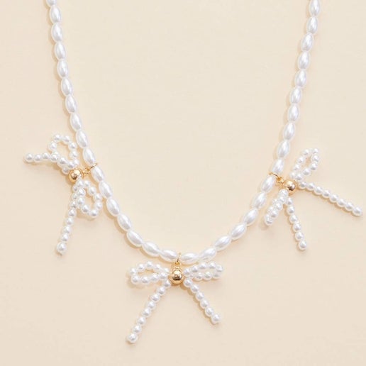 Pearl Beaded Bow Charms Necklace