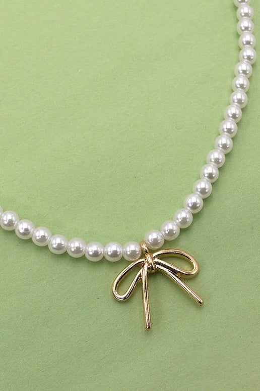 PEARL CHAIN BOW CHARM NECKLACE | 80N342: Gold