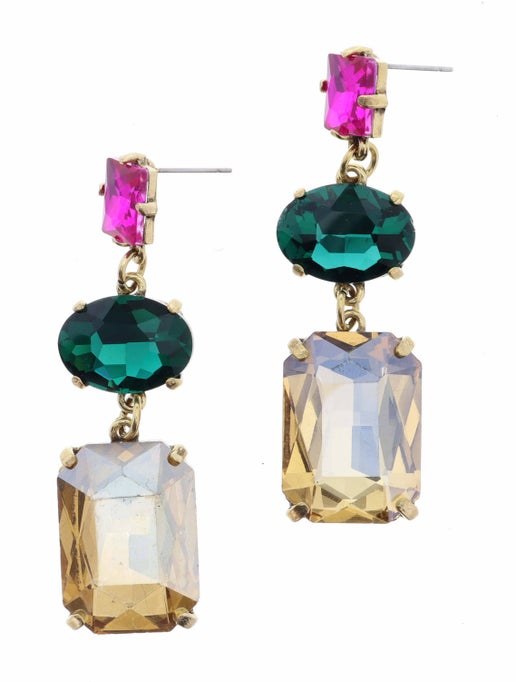 Pink Square, Emerald Oval, Champagne Crystals Earring