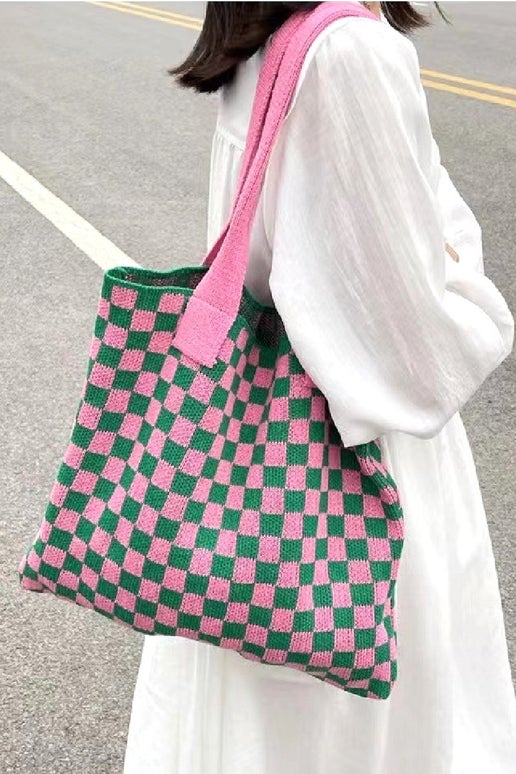 Pink/Green Checkered Crochet Knit Bag