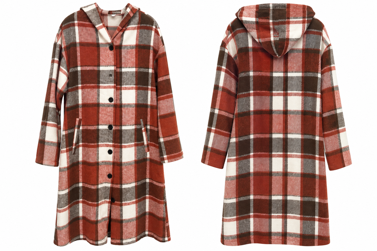 Hooded Plaid Long Shacket with buttons