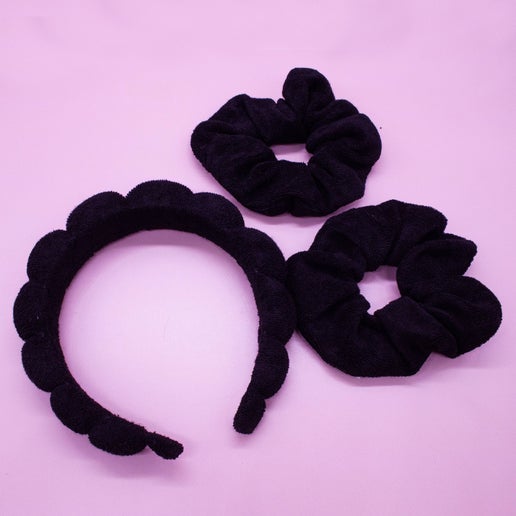 Puffy Terry Cloth Padded Spa Headband with Scrunchies: Black