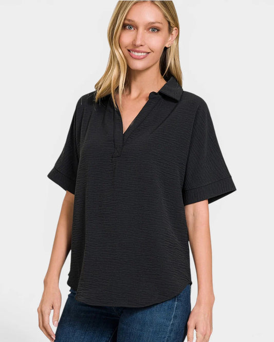 Woven Airflow Collared V neck Shortsleeve Top