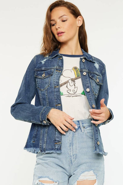 FRAY HEM TRUCKER COMFORT STRETCH DENIM JACKET