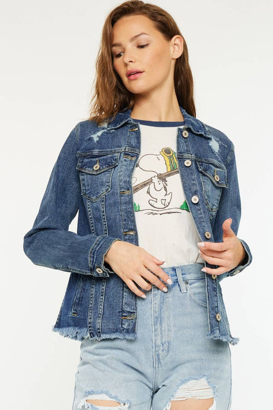 FRAY HEM TRUCKER COMFORT STRETCH DENIM JACKET